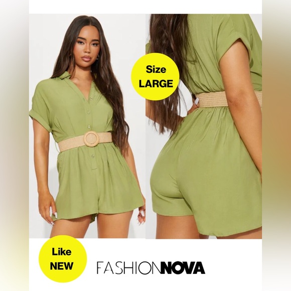 Fashion Nova Pants - 2/for$15 🪩 FASHION NOVA Green Belted Shorts Romper (Large) 💚 Like NEW